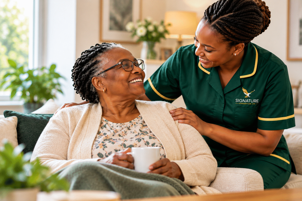 Signature Consortium caregiver providing compassionate support to an older woman in her home.