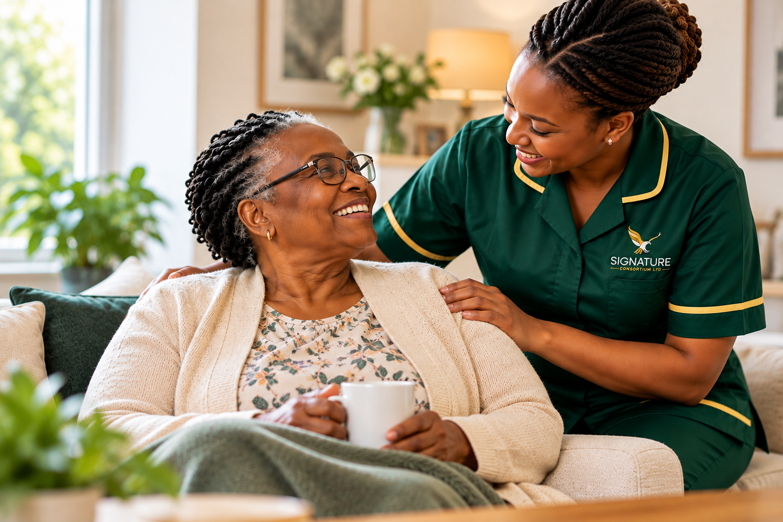 Signature Consortium caregiver providing compassionate support to an older woman in her home.