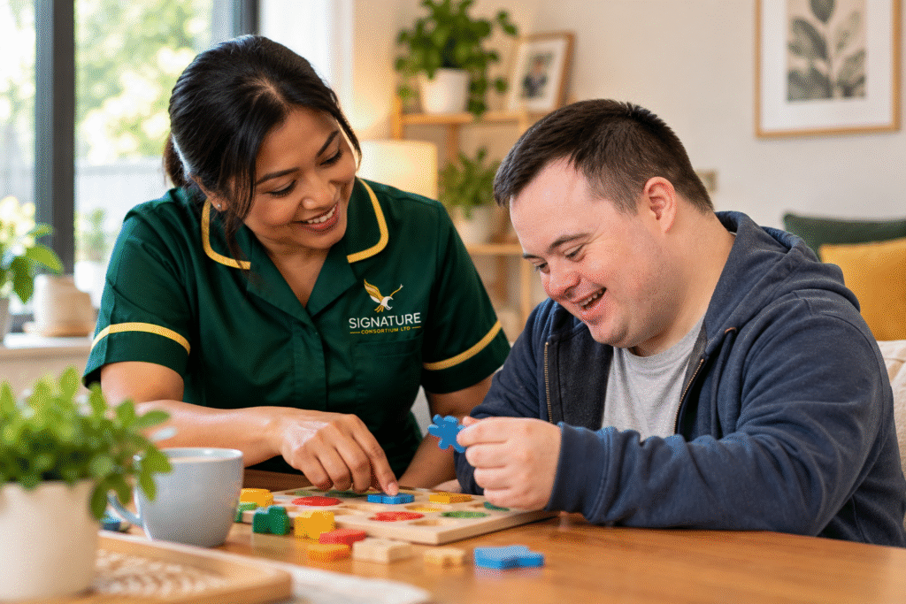 Signature Consortium caregiver supporting an adult with Down syndrome during an engaging puzzle activity at home.