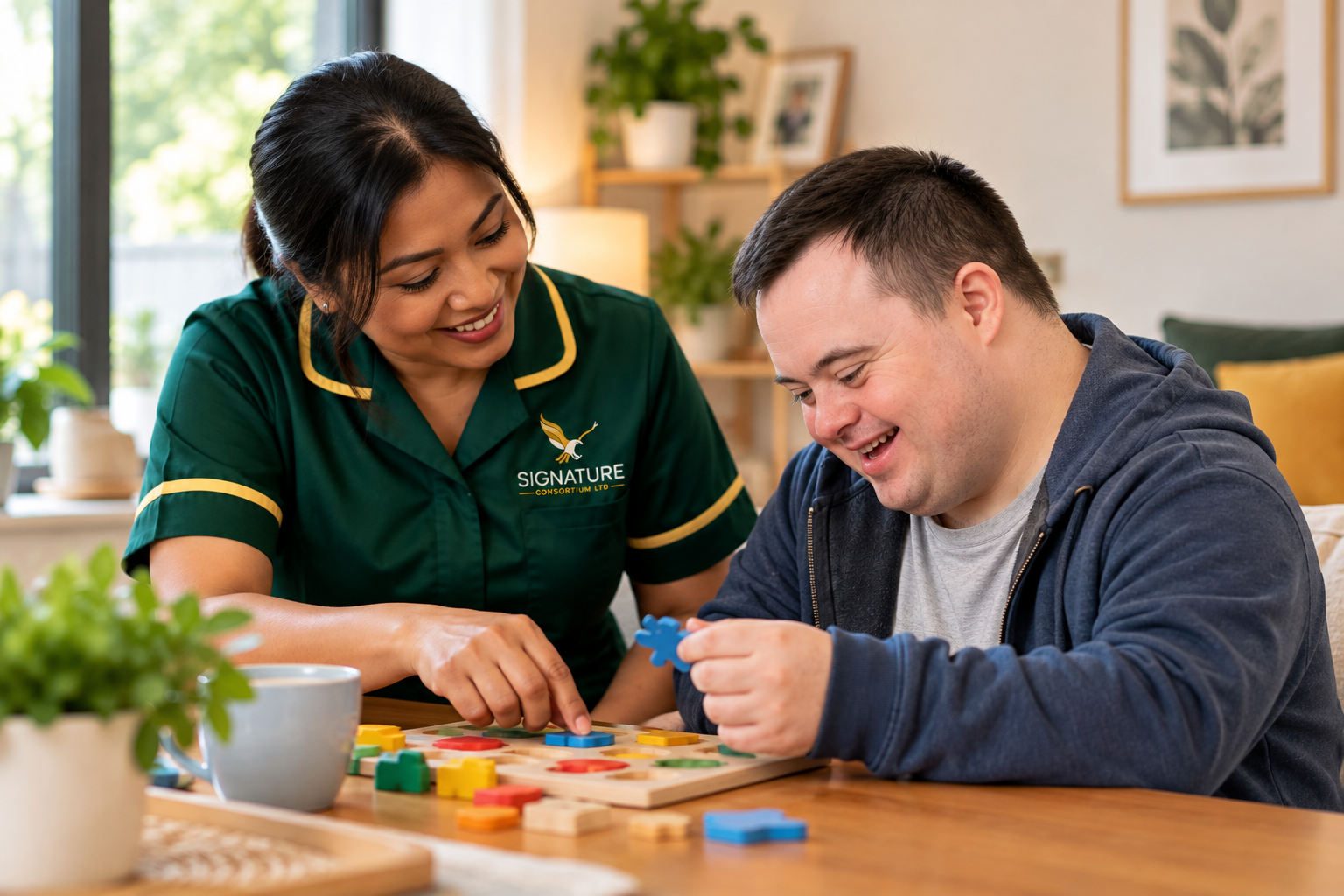 Signature Consortium caregiver supporting an adult with Down syndrome during an engaging puzzle activity at home.