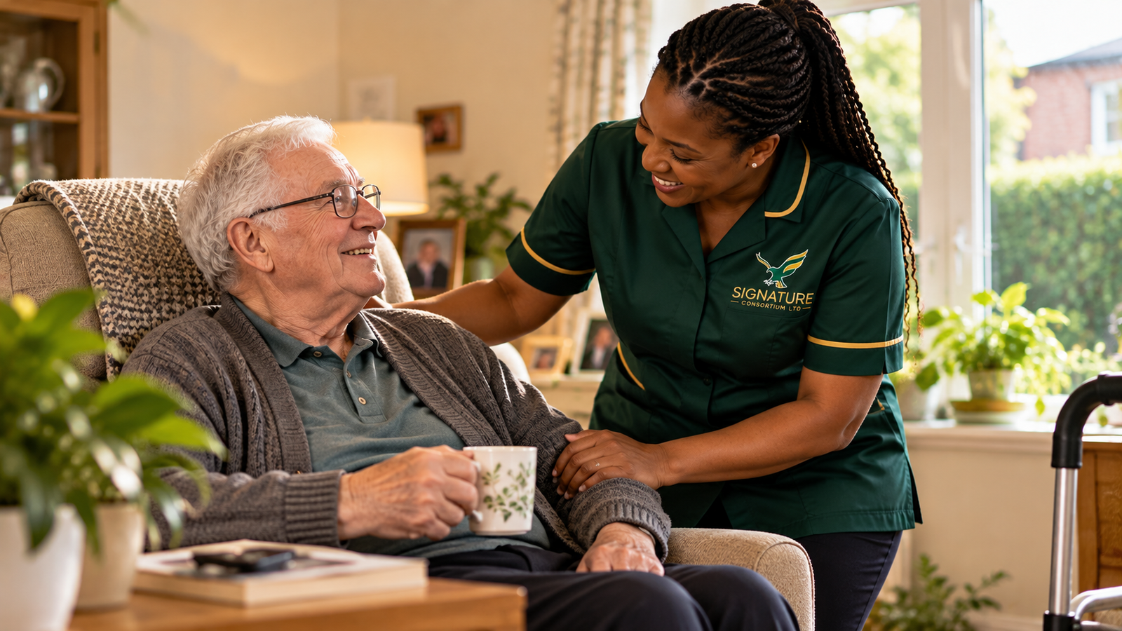 Signature Consortium LTD caregiver offering compassionate companionship and personalised support to an older man in the comfort of his own home
